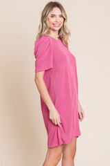 Fuchsia Washed Ribbed Puff Sleeve Dress