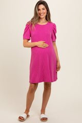 Fuchsia Washed Ribbed Puff Sleeve Maternity Dress