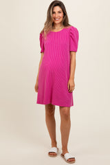 Fuchsia Washed Ribbed Puff Sleeve Maternity Dress