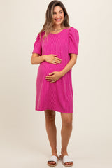 Fuchsia Washed Ribbed Puff Sleeve Maternity Dress