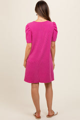 Fuchsia Washed Ribbed Puff Sleeve Maternity Dress