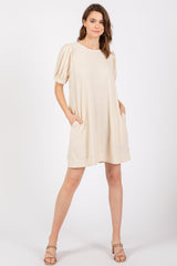 Ivory Textured Stripe Knit Short Puff Sleeve Maternity Dress