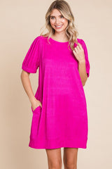 Fuchsia Textured Stripe Knit Short Puff Sleeve Dress