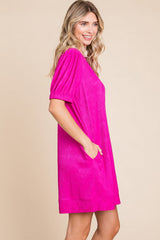 Fuchsia Textured Stripe Knit Short Puff Sleeve Dress