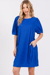 Royal Blue Textured Stripe Knit Short Puff Sleeve Maternity Dress