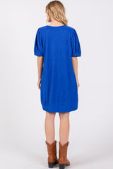 Royal Blue Textured Stripe Knit Short Puff Sleeve Dress