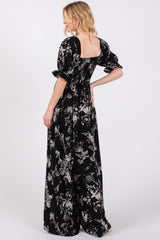 Black Floral Smocked Square Neck Wide Leg Jumpsuit