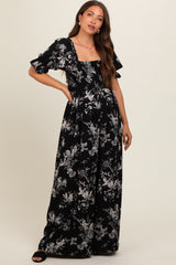 Black Floral Smocked Square Neck Wide Leg Maternity Jumpsuit