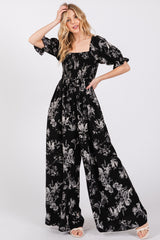 Black Floral Smocked Square Neck Wide Leg Jumpsuit