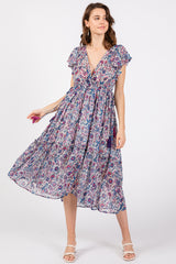 Blue Floral Chiffon Flutter Sleeve Ruffle Hem Midi Dress