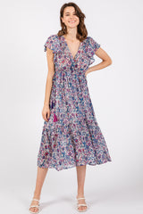 Blue Floral Chiffon Flutter Sleeve Ruffle Hem Midi Dress