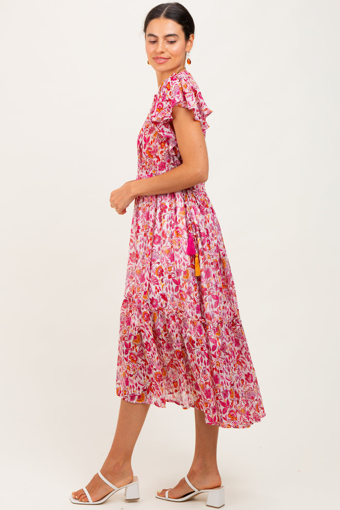 Pink Floral Chiffon Flutter Sleeve Ruffle Hem Midi Dress