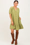 Light Olive Button Front Short Puff Sleeve Dress