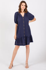 Navy Blue Button Front Short Puff Sleeve Maternity Dress