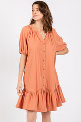 Peach Button Front Short Puff Sleeve Dress