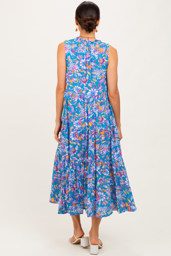 Teal Floral Ruffle Mock Neck Tiered Sleeveless Midi Dress