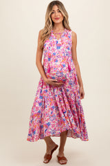 Magenta Floral Ruffle Mock Neck Tiered Sleeveless Maternity Midi Dress