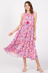 Magenta Floral Ruffle Mock Neck Tiered Sleeveless Maternity Midi Dress