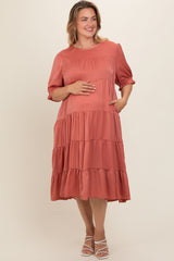 Salmon Satin Tiered Maternity Plus Dress