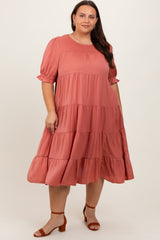 Salmon Satin Tiered Maternity Plus Dress