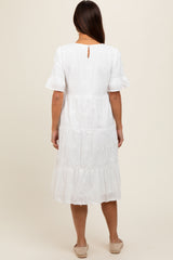 White Floral Embroidered Ruffle Short Sleeve Tiered Maternity Dress