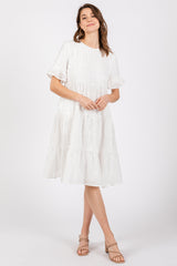 White Floral Embroidered Ruffle Short Sleeve Tiered Dress