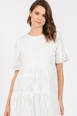 White Floral Embroidered Ruffle Short Sleeve Tiered Dress