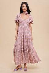 Dusty Rose Rosette Sweetheart Neck Floral Tiered Dress