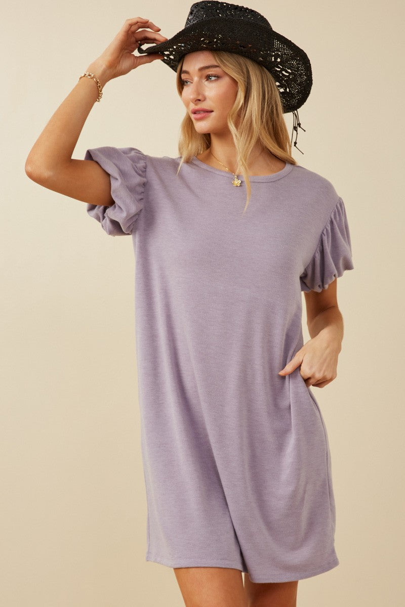 Lavender Gathered Puff Sleeve Terry Knit Maternity Dress