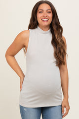 Cream Ribbed Mock Neck Sleeveless Maternity Top