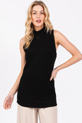 Black Ribbed Mock Neck Sleeveless Maternity Top