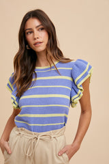 Periwinkle Striped Ruffle Sleeve Sweater Top