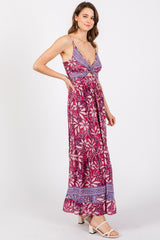 Purple Floral Strapless Front Tie Knot Maxi Dress