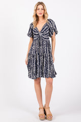 Navy Blue Floral Front Knot Twist Dress