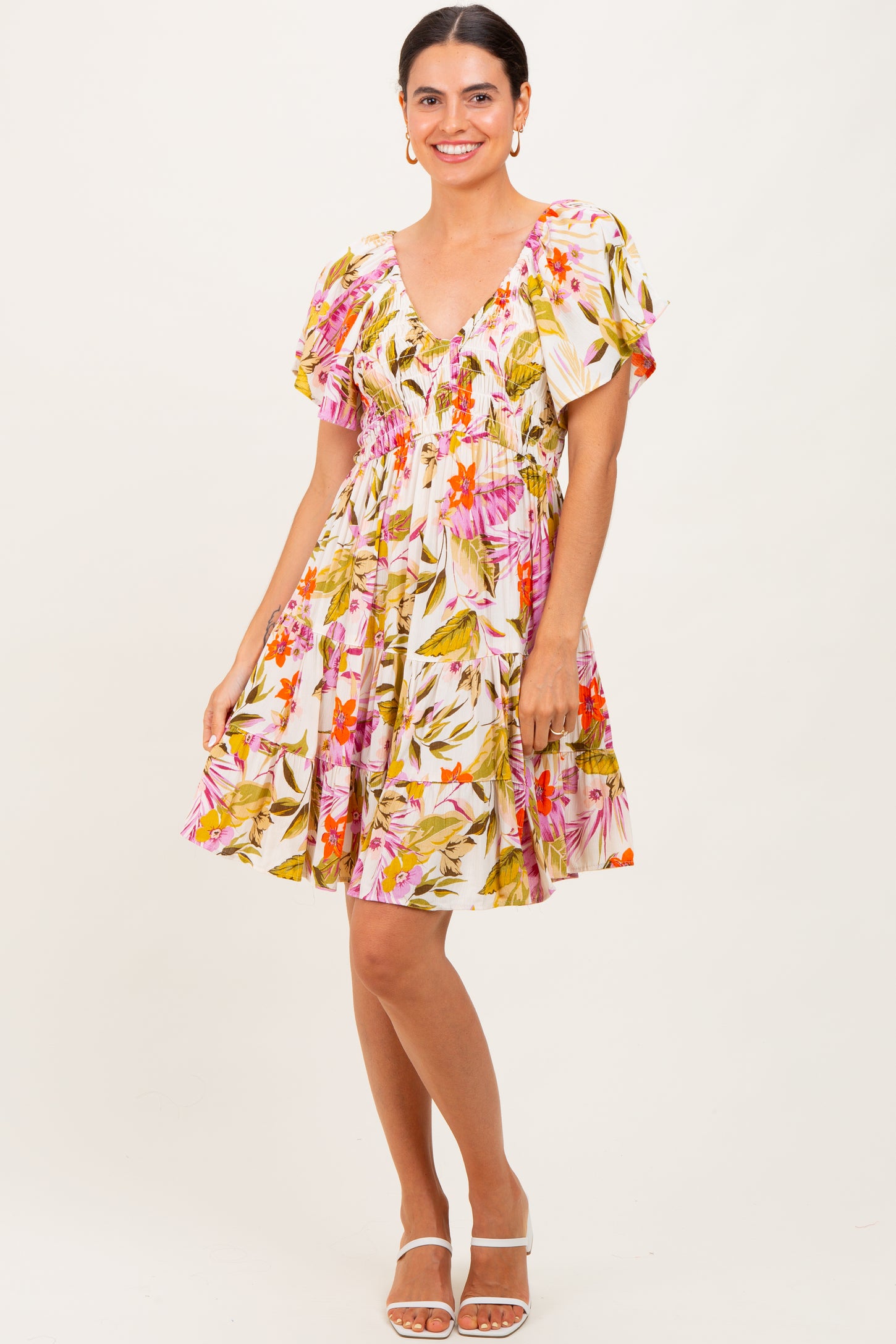 Ivory Floral Smocked Front Tiered Dress