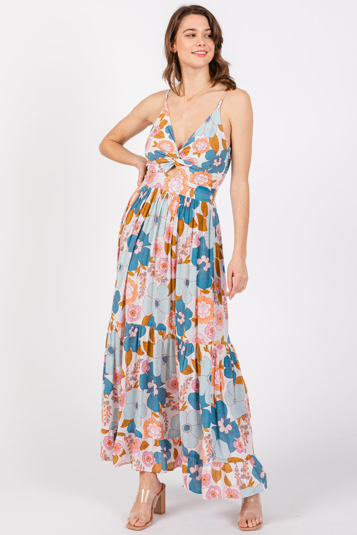 Light Blue Floral Sleeveless Maternity Maxi Dress