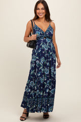 Navy Blue Floral Front Knot Twist Maternity Maxi Dress