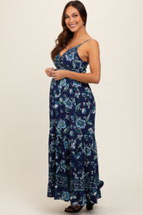 Navy Blue Floral Front Knot Twist Maternity Maxi Dress