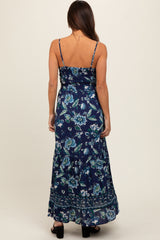 Navy Blue Floral Front Knot Twist Maternity Maxi Dress