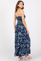 Navy Blue Floral Front Knot Twist Maxi Dress