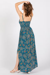 Teal Floral Sleeveless Front Knot Twist Dress