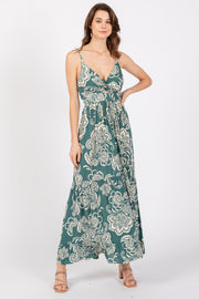 Green Floral Front Knot Twist Maxi Dress