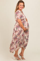 Cream Floral Chiffon Plus Maternity Maxi Dress