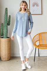 Light Blue Floral Accent Henley Top