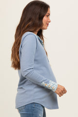 Light Blue Floral Accent Maternity Henley Top