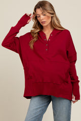 Red Button Front Ribbed Trim Hooded Maternity Sweatshirt