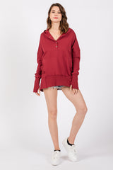 Red Button Front Ribbed Trim Hooded Sweatshirt