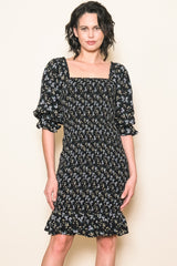 Black Floral Smocked Puff Sleeve Maternity Dress