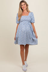 Light Blue Floral Smocked Tie Back Maternity Dress