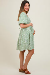 Light Olive Floral Smocked Tie Back Maternity Dress